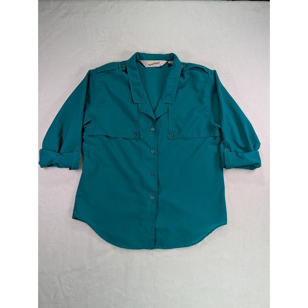 Dianne Von Furstenberg Size 12 Teal Green Safari Style Button Up Blouse VTG 80's - Picture 8 of 16